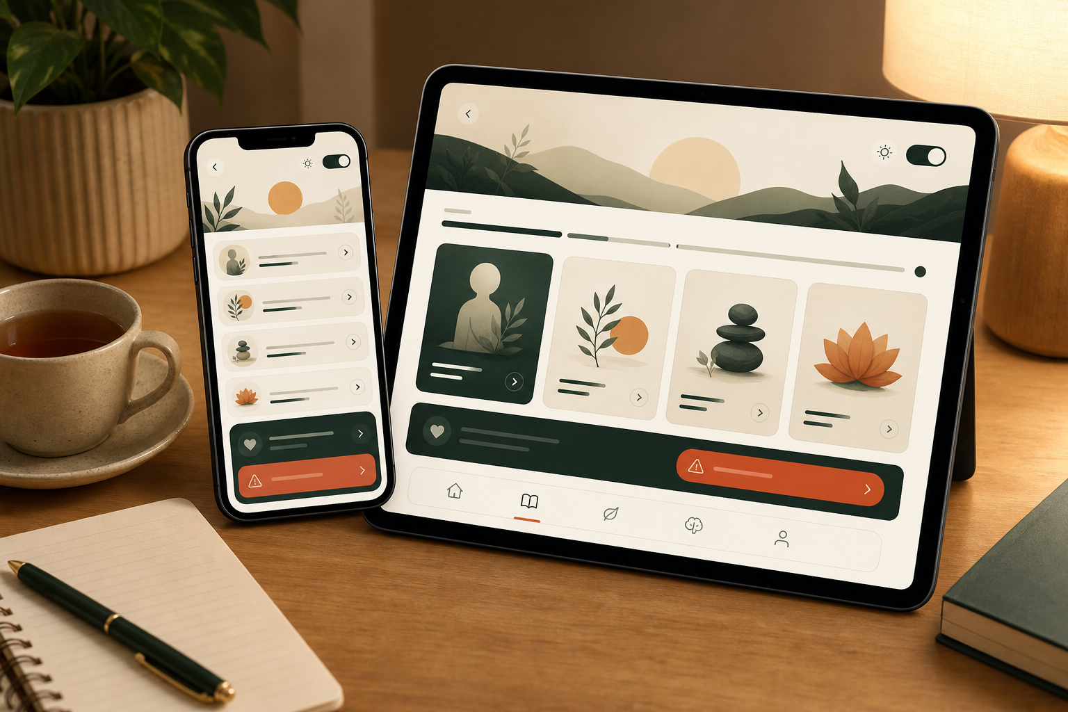 Mockup de la app de lectura de la guía en celular y tablet